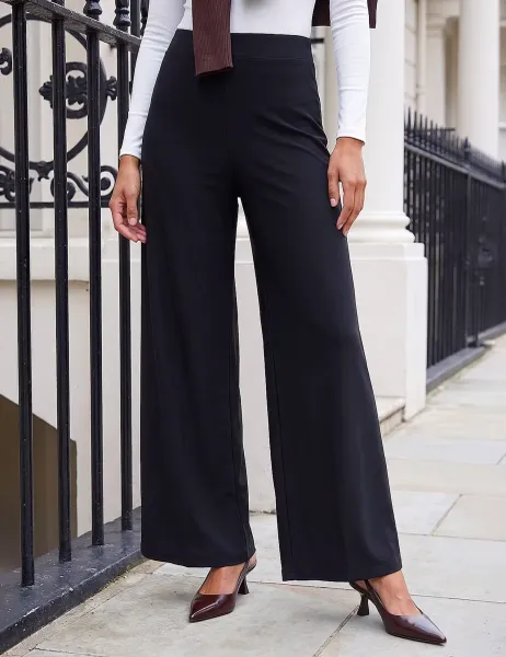 Roman Petite Elasticated Waist Wide Leg Trousers Black