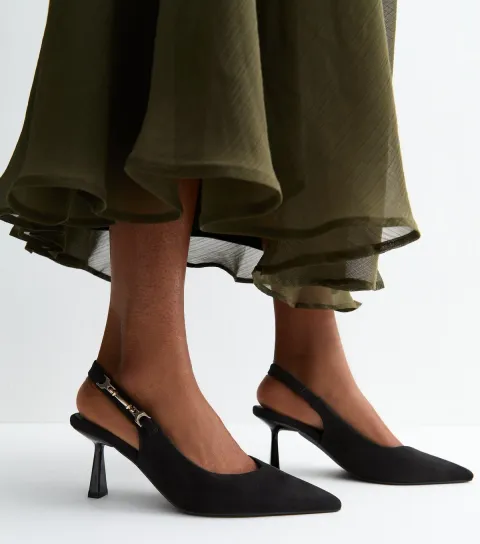 Women's Black Faux Suede Horsebit Detail Slingback Pumps Vegan