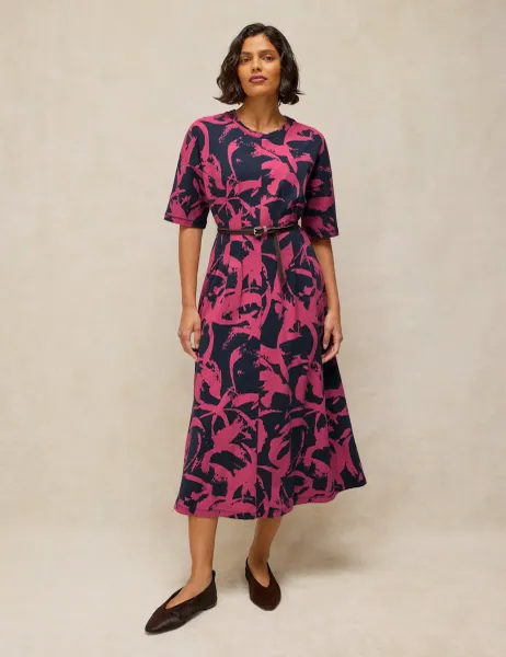White Stuff Pure Cotton Floral Belted Midi Tea Dress Navy Mix