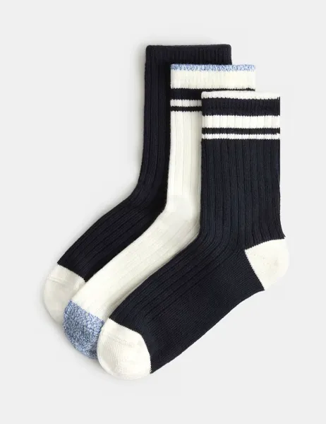 Marks & Spencer 3 Pack Thermal Rayon Rich Striped Crew Socks Navy Mix