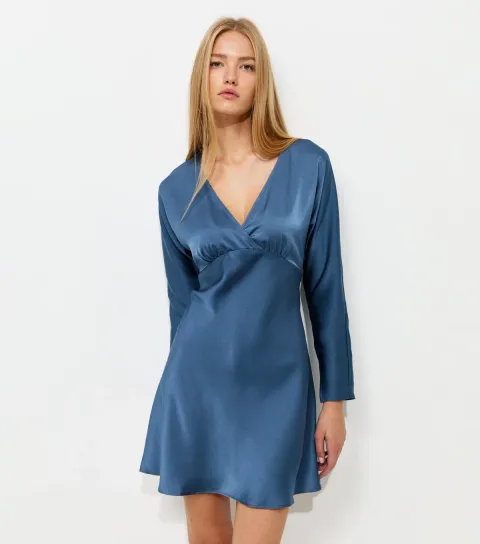 New Look Women's Blue Satin V-Neck Mini Dress