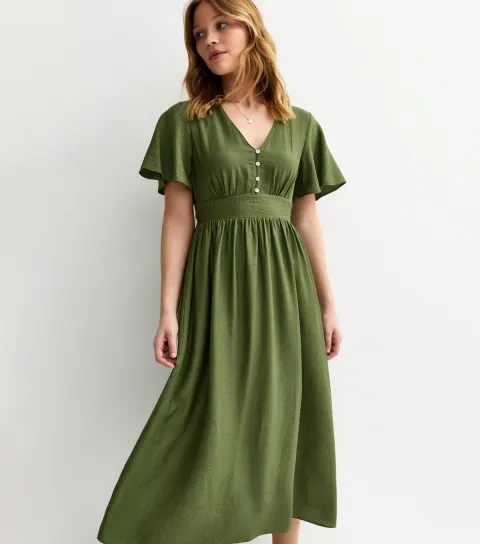 Women's Dark Khaki Frill Sleeve V Neck Midi Dress