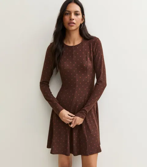 New Look Women's Brown Polka Dot Long Sleeve Mini Dress