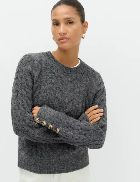 Marks & Spencer Crew Neck Cable Knit Button Detail Jumper Charcoal