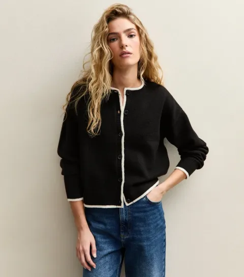 Women's Black Tipped Crew Neck Cardigan