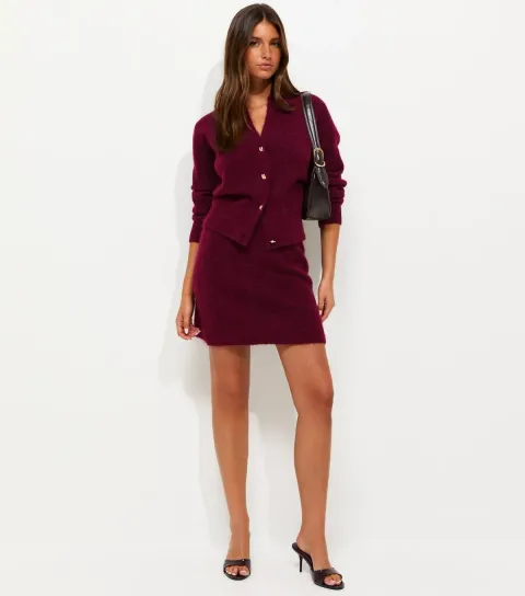 New Look Women's Dark Burgundy Knitted Mini Skirt with Wool
