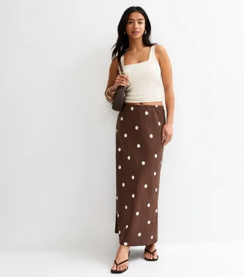 Women's Petite Brown Linen Blend Polka Dot Bias Cut Midi Skirt