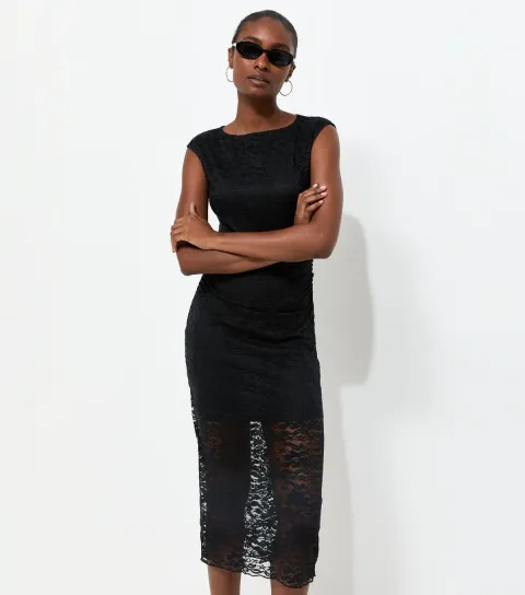 Women's Black Lace Ruched Side Sleeveless Midi Dress