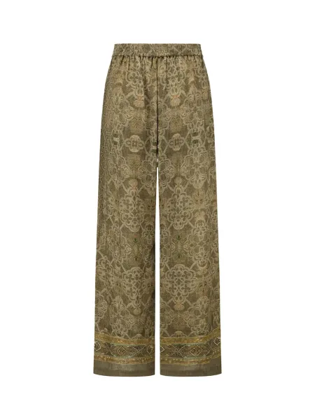 Women Moss Green Tone-on-Tone Printed Linen Straight-Leg Trousers