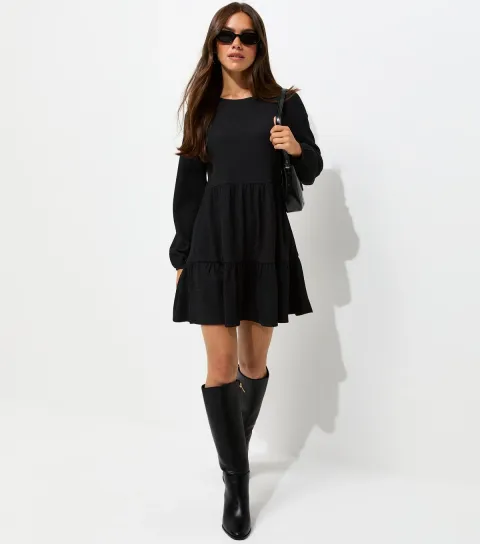 Women's Petite Black Long Sleeve Crinkle Smock Mini Dress