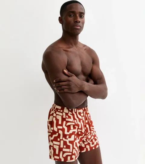 Men's Red Regular Geometric Print Swim Shorts