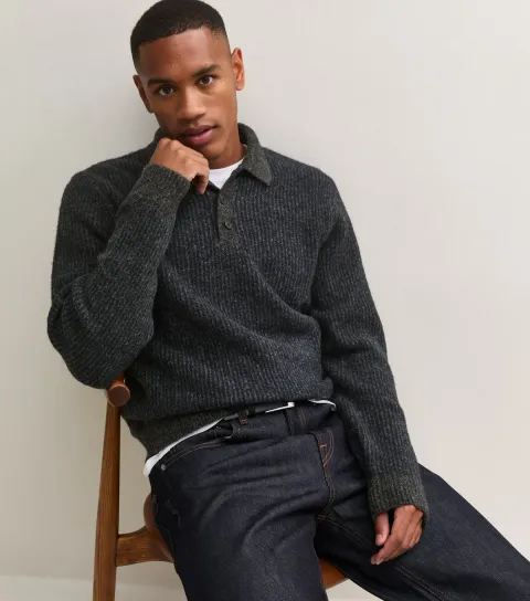 Jack & Jones Men's Blue Regular Ribbed Polo Jumper