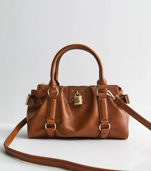 New Look Tan Faux Pebbled Leather Padlock Oversized Crossbody Bag