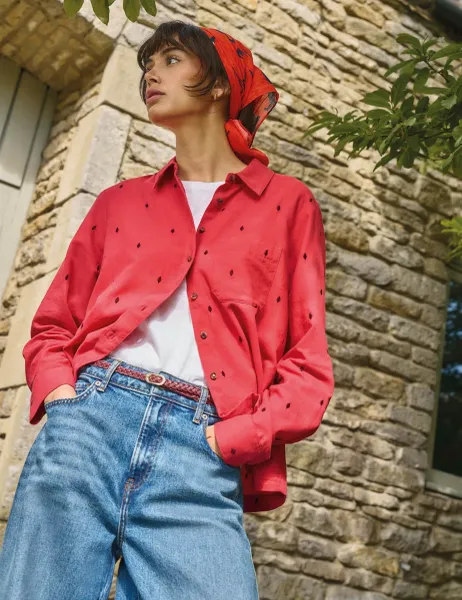White Stuff Pure Cotton Striped Embroidered Shirt Blue Mix