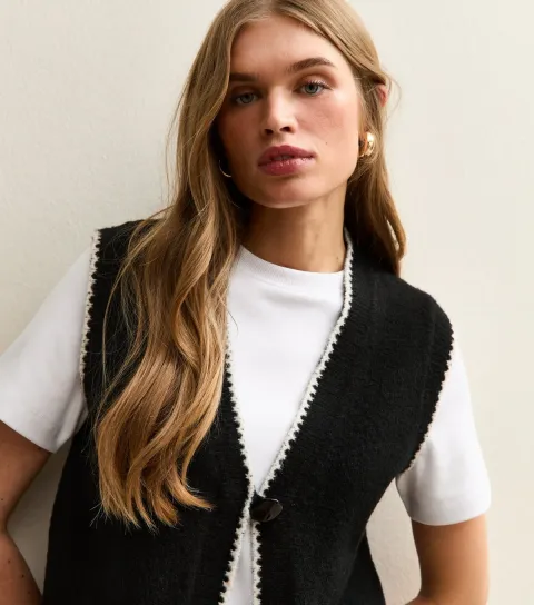 Women's Black and White Blanket Stitch Knit Waistcoat