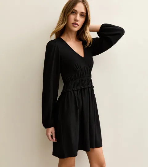 Women's Black Shirred Waist Mini Dress