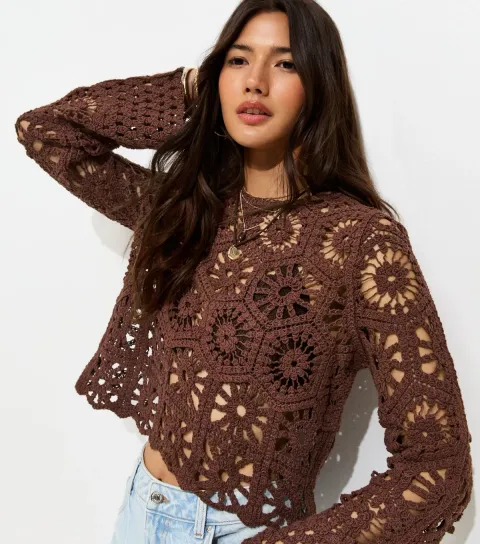 Women's Dark Brown Crochet Knit Semi Sheer Long Sleeve Top