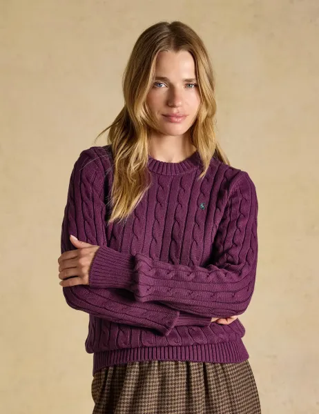 Joules Pure Cotton Cable Knit Crew Neck Jumper Purple