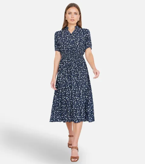 Women's Navy Ditsy Floral Print Midi Shirt Dress