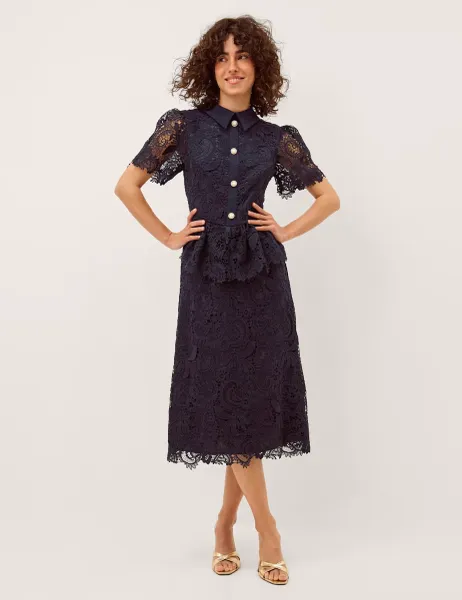 Monsoon Lace Embroidered Floral Midaxi Shirt Dress Navy