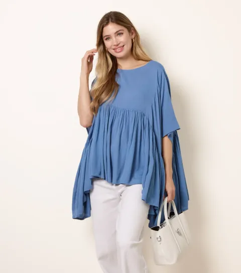 Women's Blue Gathered Oversized Top
