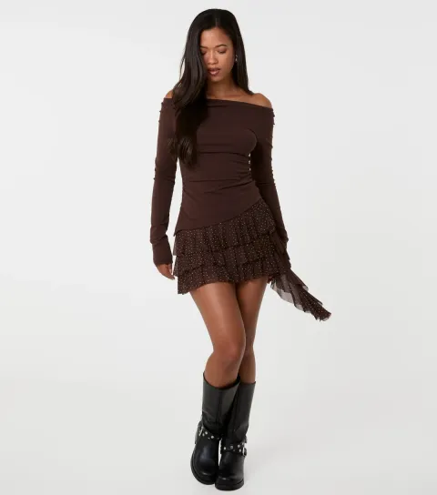 Women's Dark Brown Diamante Ruffle Mini Skirt