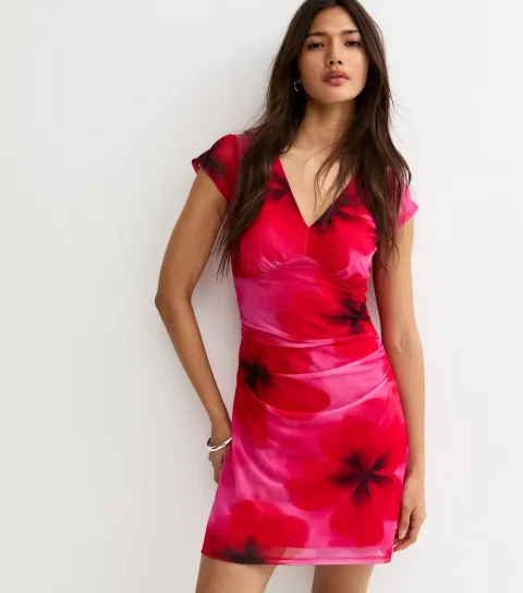 Women's Red Large Floral Print V-Neck Mesh Mini Dress