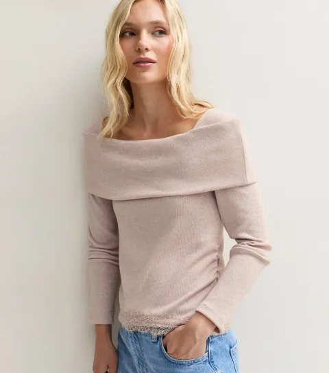 New Look Women's Petite Oatmeal Soft Touch Lace Trim Bardot Top