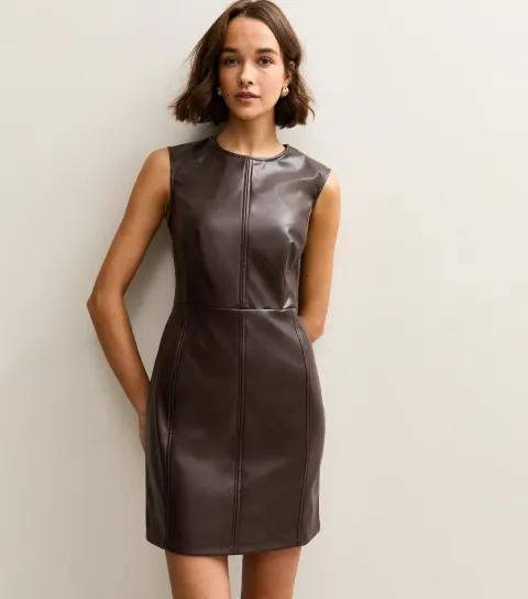 Women's Dark Brown Faux Leather Sleeveless Mini Dress