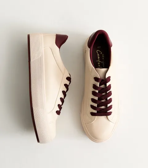 Women's Cream Burgundy Contrast Faux Leather Lace Up Trainers Vegan