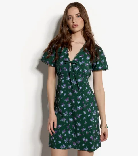 Women's Green Floral Print Tea Dress
