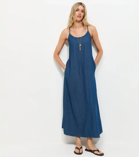 Women's Tall Blue Chambray Cotton Midi Dress