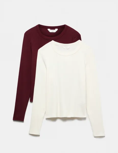 Marks & Spencer 2 Pack Cotton Modal Ribbed Pyjama Top Ivory Mix
