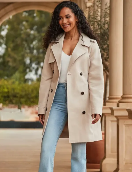 SOSANDAR Double Breasted Longline Trench Coat Beige