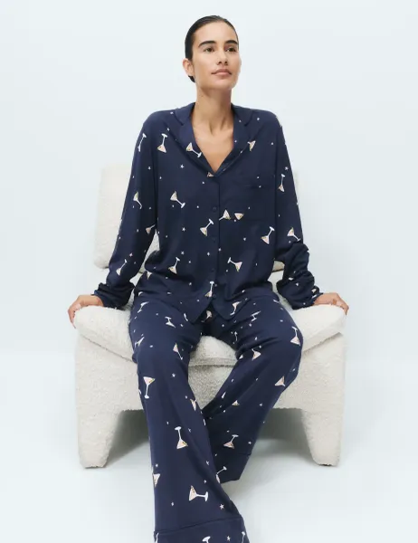 Marks & Spencer Cotton Modal Printed Revere Long Pyjama Set Indigo Mix
