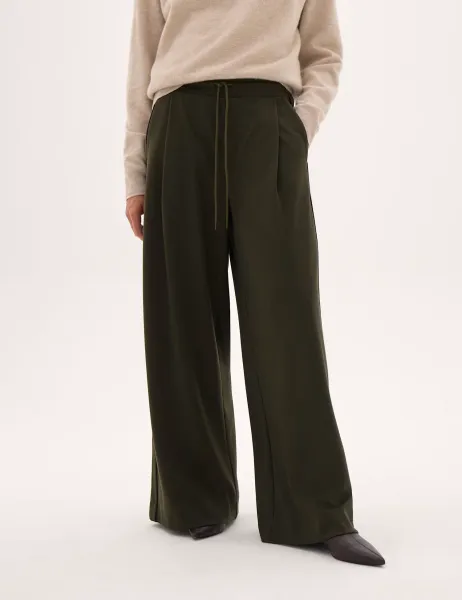 HUSH Piped Wide Leg Trousers Dark Khaki