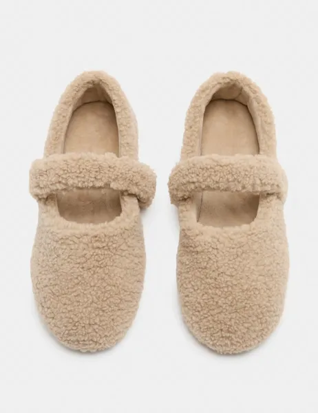 Marks & Spencer Borg Mary Jane Ballet Slippers Natural