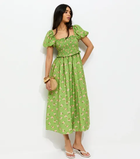 Women's Green Floral Shirred Puff Sleeve Midi Dress
