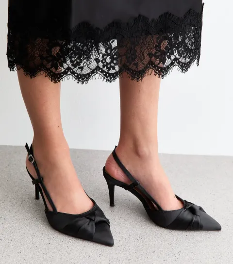 Women's Wide Fit Black Satin Knot Slingback Pumps Vegan