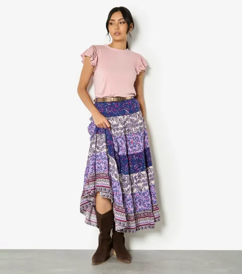 Women's Purple Patchwork Tiered Skirt