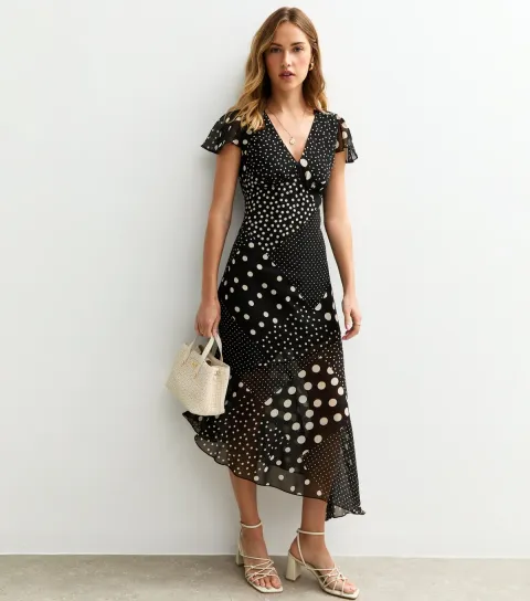 Women's Black Spot Print V-Neck Midi Dress