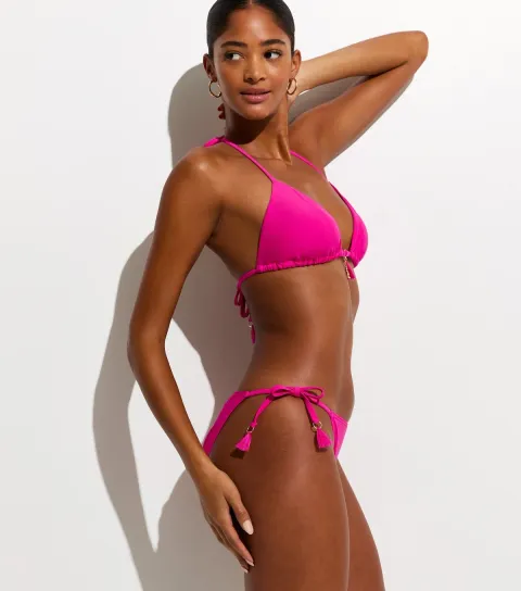 Women's Bright Pink Tassel Trim Side Tie Bikini Bottoms