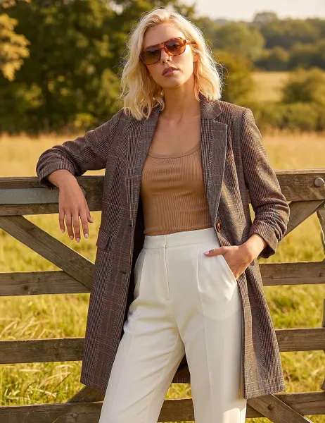 Roman Petite Checked Longline Coat Brown