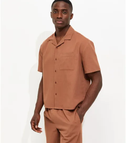 Men's Burnt Orange Boxy Cotton Revere Collar Shir