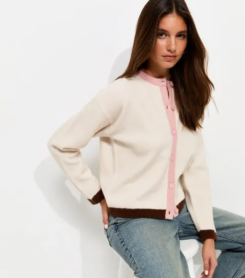 Women's Cream Knitted Colour Block Trim Meet The Jean Cardigan