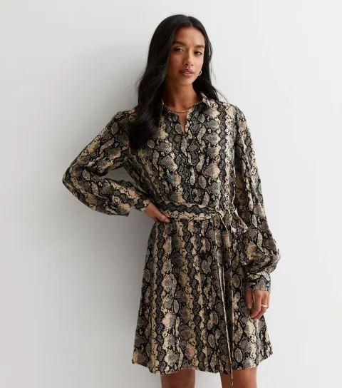 Women's Petite Brown Snake Print Long Sleeve Mini Shirt Dress