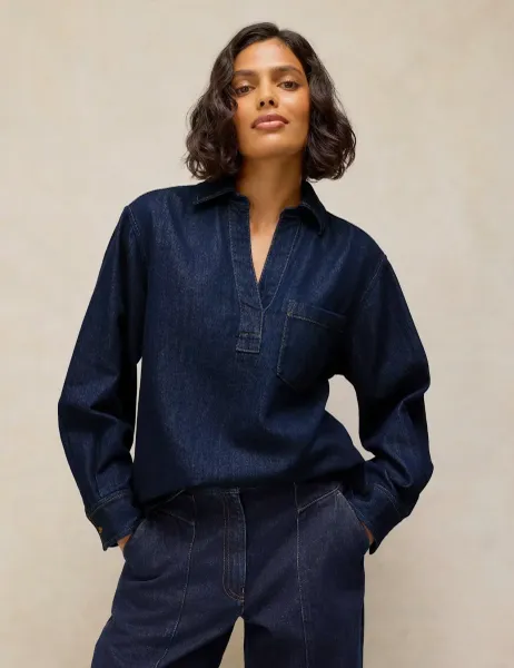 White Stuff Denim Collared Relaxed Pocket Tunic Dark Blue Denim