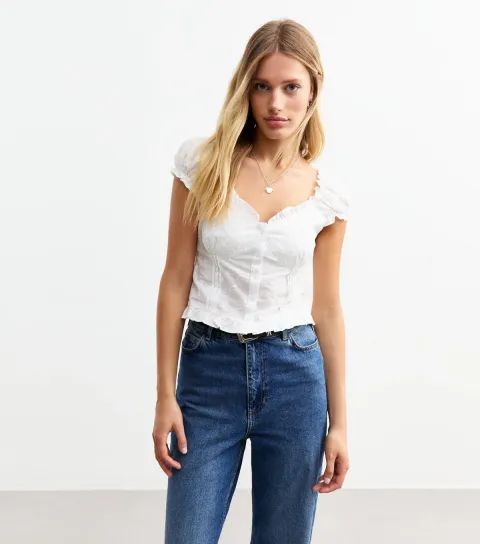 Women's Off White Floral Embroidered Buttoned Milkmaid Top