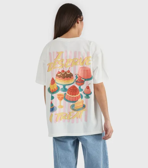 Women's White Cotton Dessert Print Oversized T-Shirt