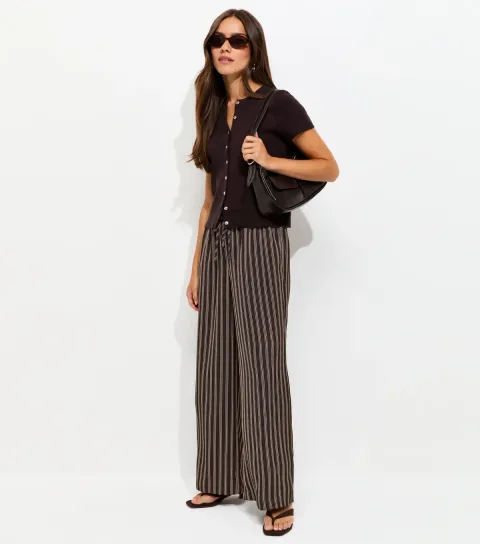 Women's Petite Brown Striped Wide Leg Trousers